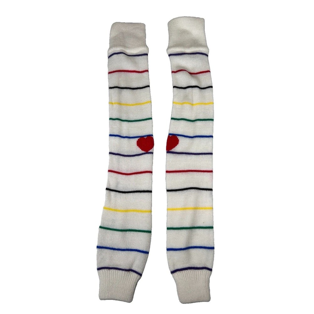 Long rainbow striped knit legwarmers w/ hearts 80's one size